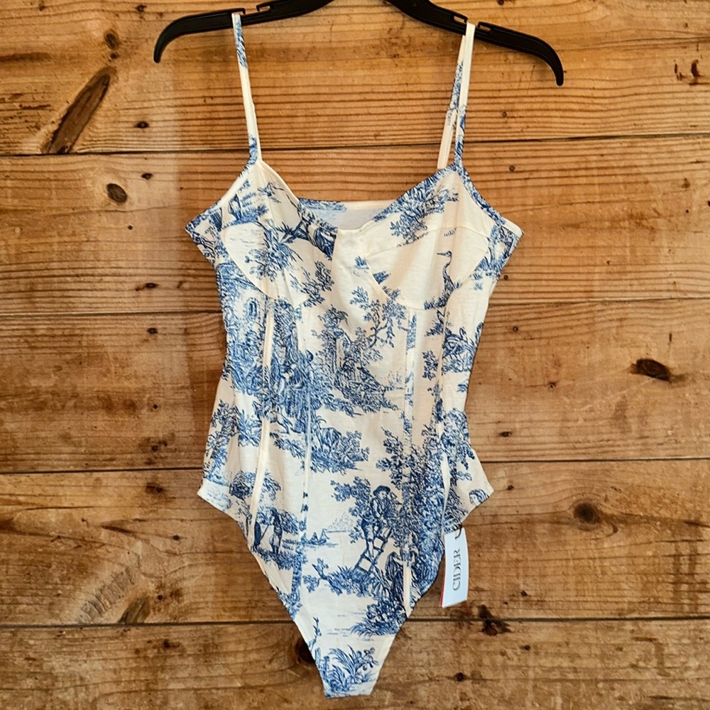 Cider Blue and White Toile Print Spaghetti Strap Bodysuit